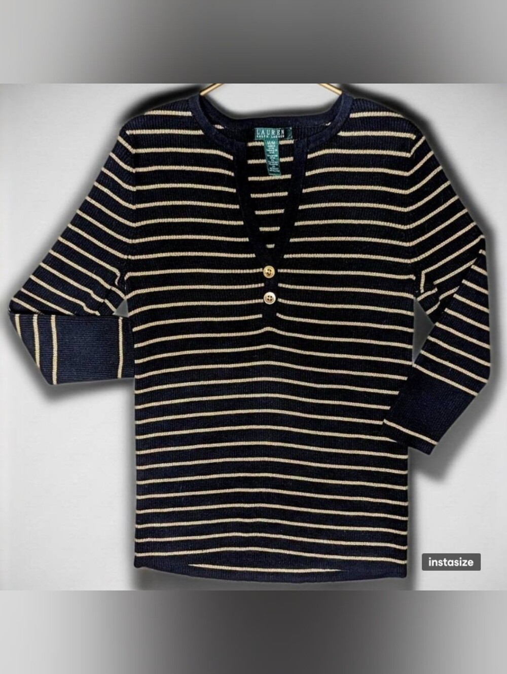 Lauren Ralph Lauren Black Metallic Gold Striped Ribbed V-Neck Sweater Medium